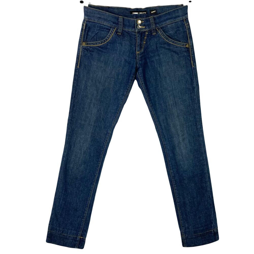 Vintage MISS SIXTY Jeans 26 W30L37 Y2K ITALY Blue Gold-Lyrics-Tread&Stitch Skiny